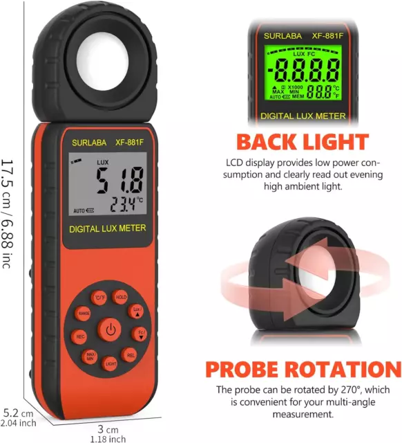 Luxmetro Digitale Light Meter, Misuratore Di Luce Campo Misura 0,01~400.000 Lux, 3