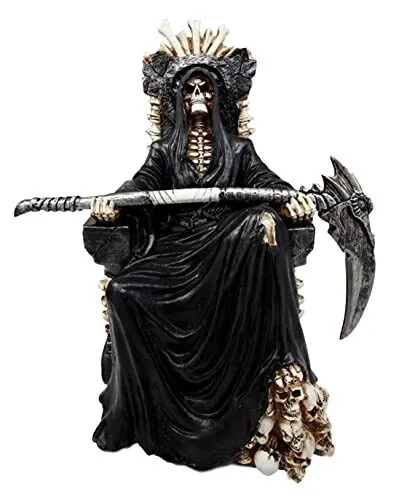 Black Holy Death Grim Reaper Sitting On Skeleton Throne Figurine 10.5" Tall