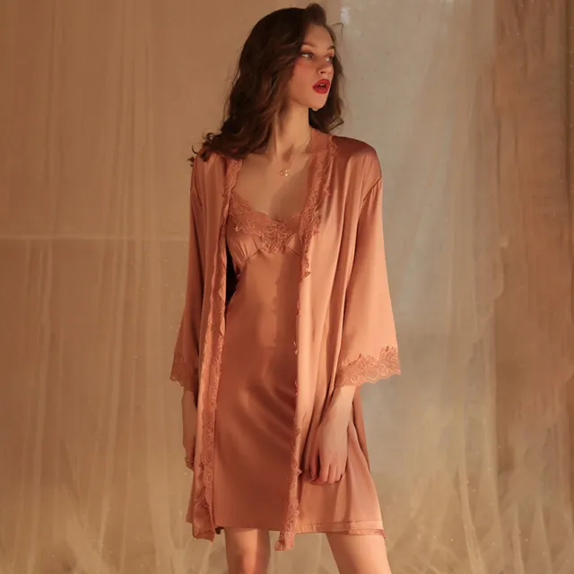 Ladies Nightgowns Sexy Satin Lace Sleepwear Lingerie Pajamas Robe Set Nightdress