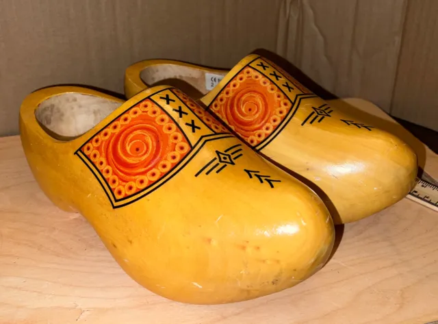 Vintage Dutch Wooden Clogs -  Hand Carved & Painted Oversized Shoes 37-38
