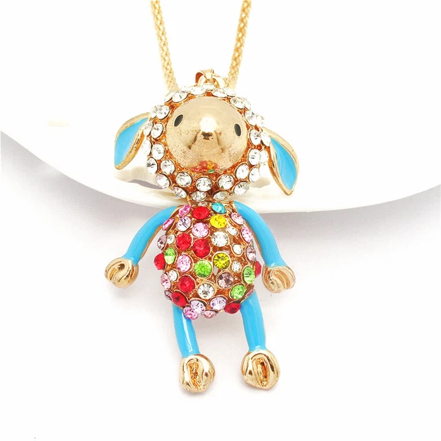 New Fashion Women Cute Mix Color Crystal Blue Enamel Sheep Pendant Necklace
