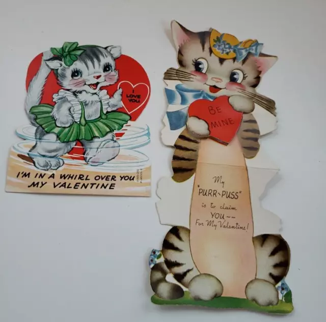 Lot of 2 Vintage School Kid Cat Theme VALENTINE DAY Card Animals