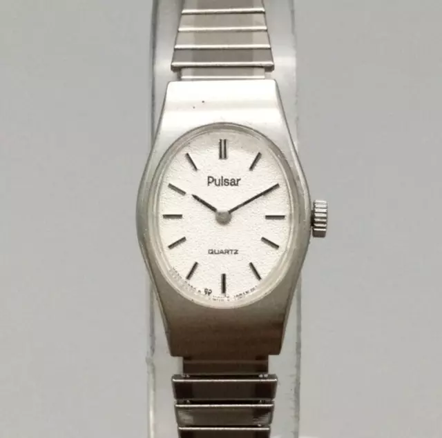 Vintage Pulsar Watch Women 16mm Silver Tone White Dial Stretch Band New Battery