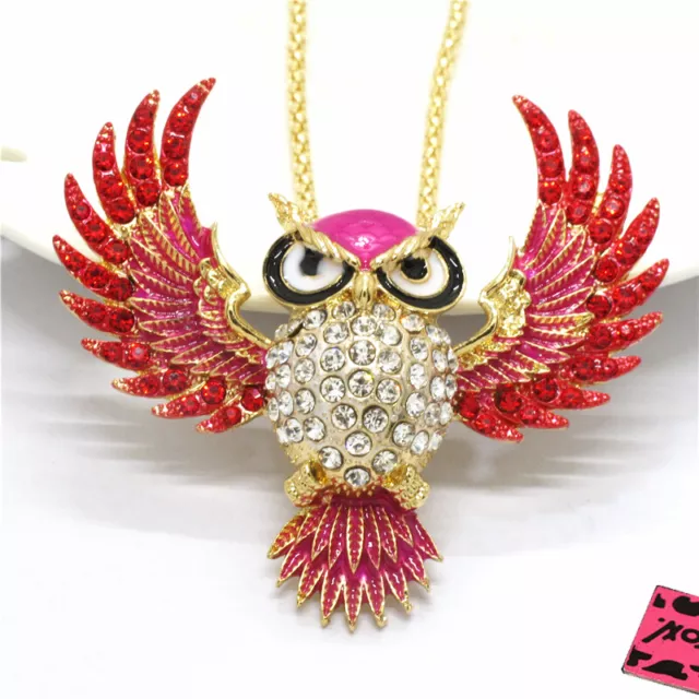 Fashion Women Red Enamel Cute Owl Animal Crystal Pendant Sweater Necklace