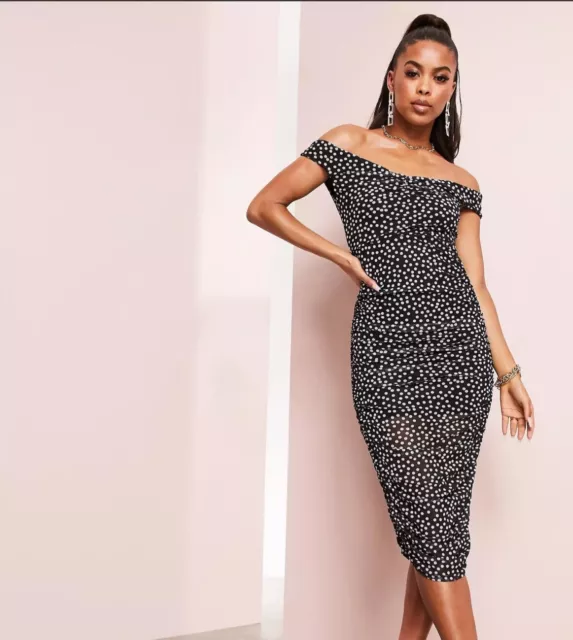 ASOS DESIGN mesh ruched Bardot midi polka dot US Size 2