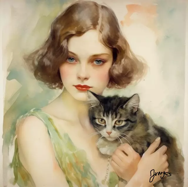 Watercolor Vintage Cat Painting 1920s Art Print 8.5x11