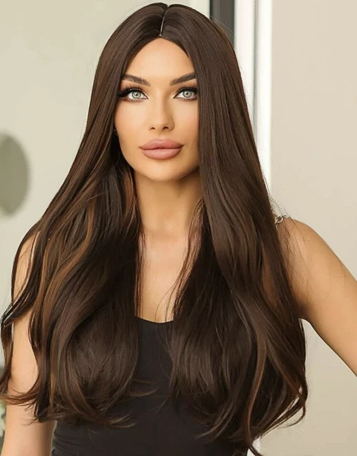 Perruque Synthétique Longue Brune Foncée Lisse - Bonnet Moyen + 4 Offerts NEUVE