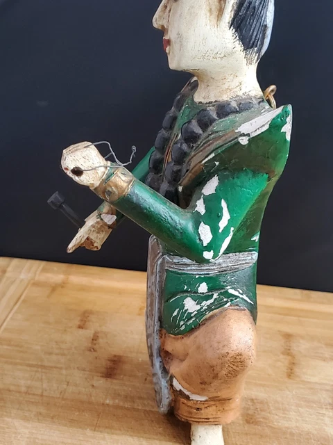 Vintage BURMESE THAI Musician Figure Hand Carved & Painted Wood Wall Hanging 11" 6