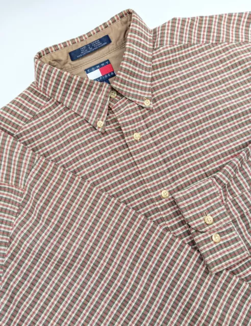 🇺🇸 Vintage 90s Tommy Hilfiger Men's Button Down Plaid Shirt Size L Brown Red