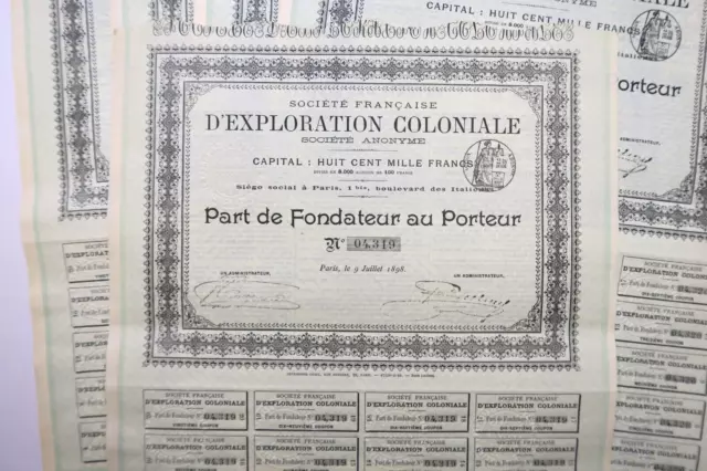 Societe Francaise D Exploration Coloniale Part De Fondateur Paris 1898 X 6