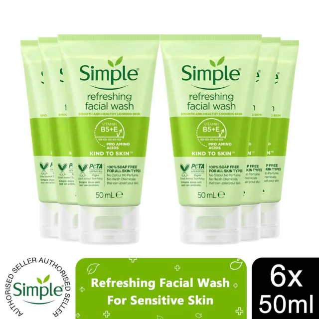 6 x 50ml Simple Kind to Skin Soap Free Refreshing Facial Gel Wash