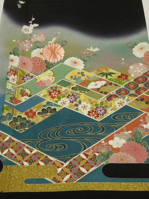 2T02z70  Japanese Kimono Silk  FABRIC Flowers Black 48.8x14.6
