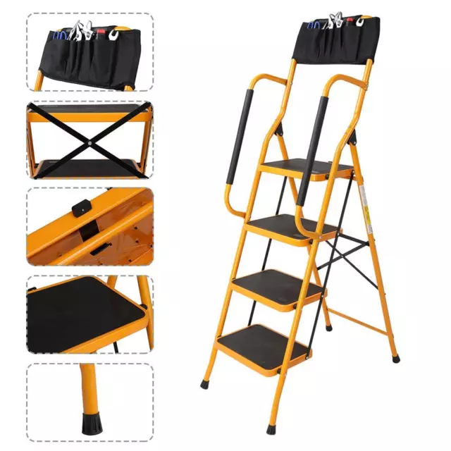 Stepladder Foldable Non Slip 4 Step Steel tread Safety Handrail Rail ladder