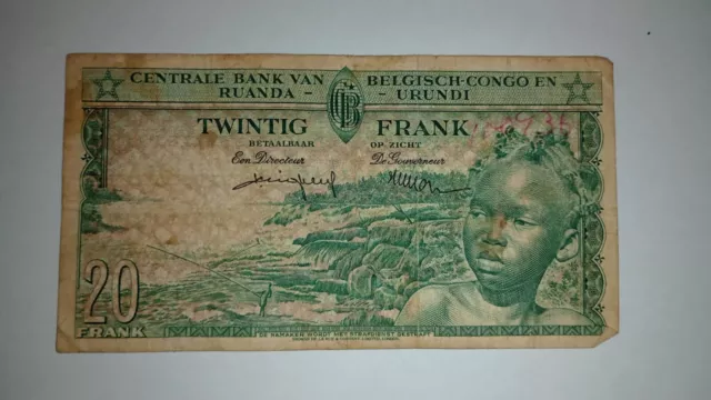 Billete de papel mundial belga del Congo/República Democrática del Congo 1959 de 20 francos