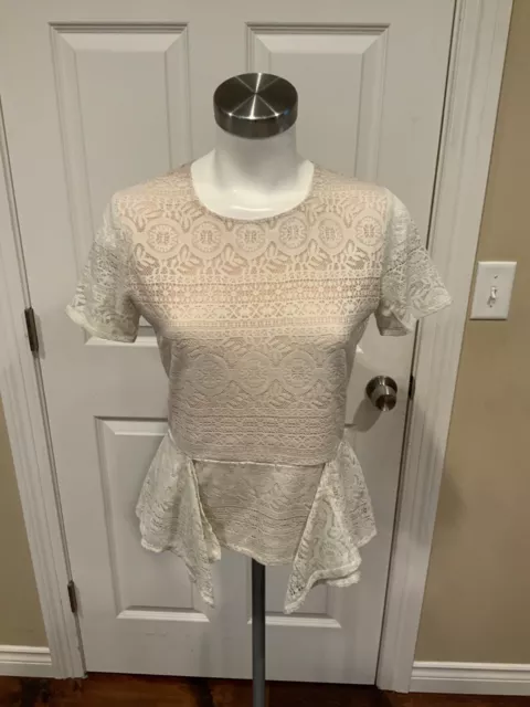 BCBG Max Azria "Karine" White Lace Peplum T-Shirt, Size Small NWT! $138