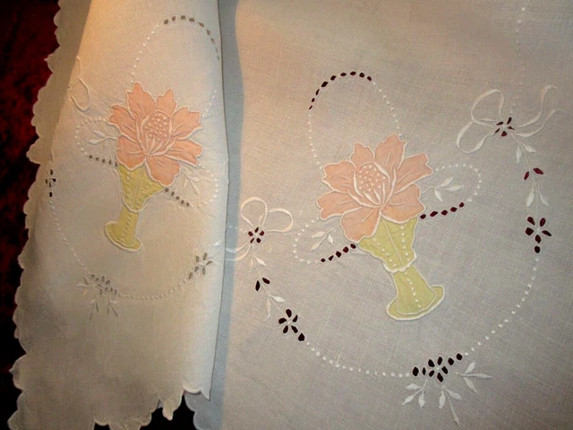 Vintage WHT LINEN TABLECLOTH ~ emb EYELET w/ APPLIQUED BASKETS OF FLOWERS 32"sq Vintage WHT LINEN TABLECLOTH ~ emb EYELET w/ APPLIQUED BASKETS OF FLOWERS 32"sq