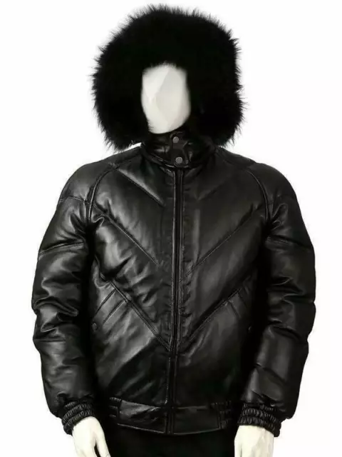 Men genuine lambskin leather Fur Hooded Napa Puffer Bomber Black Jacket