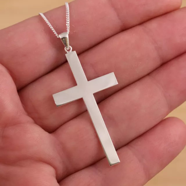 925 Sterling Silver Large Plain Cross Crucifix Pendant Curb Chain Necklace Boxed