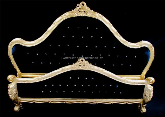 CHARLES French Ornate Louis Gold Leaf Bed Crystals  King 5 ft Black Velvet RICH