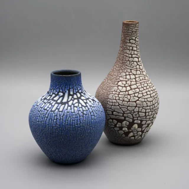 Rare "SNAKESKIN" Vase Duo ALBERT KIESSLING East German Pottery REDUKTIONSGLASUR
