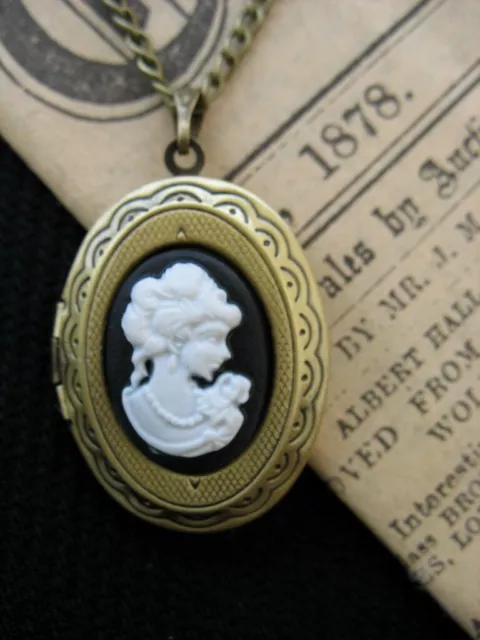 Oval Vintage Bronze Cameo Lady Locket Necklace Steampunk Black Victorian Photo