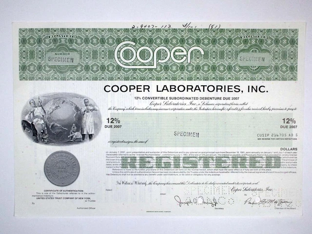 Cooper Laboratories, Inc. 1983. Registered 12% Specimen Bond, XF-AU, ABNC