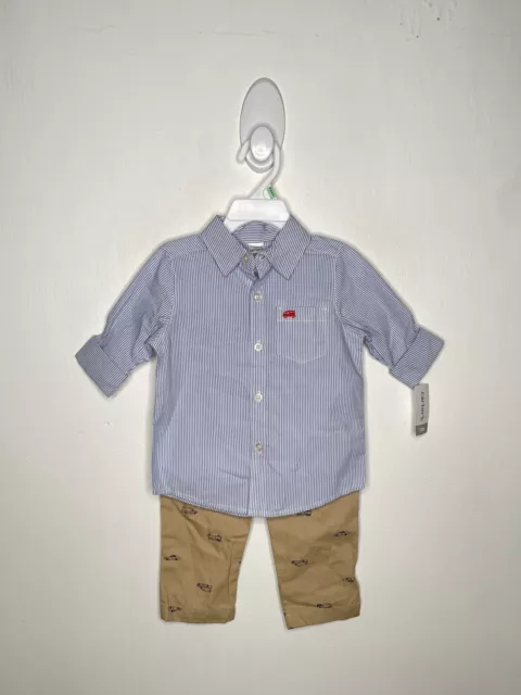 Carters 2 Pc Set Baby Boys Size -8 Months Button Up Shirt & Khaki Pants Blue