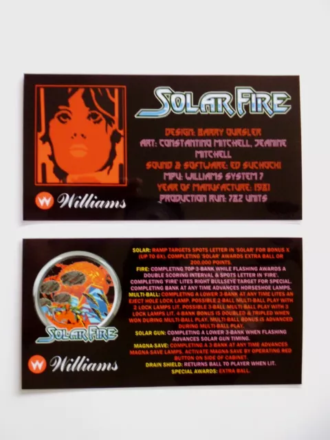 * * 'SOLAR FIRE' Williams 1981 Custom Instruction/Apron Cards (New) * *