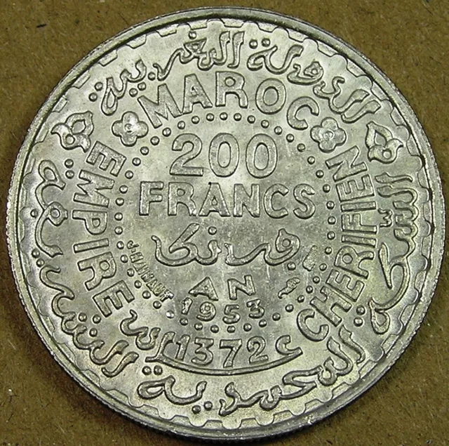 Morocco 200 Francs .720 Silver Coin AH 1372 1953 high grade, Y#53, 8 grams