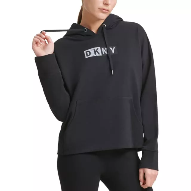 MSRP $70 DKNY Sport Women's Logo Hooded Cotton Sweatshirt Black Size XS