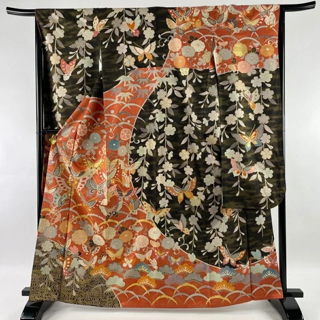 Woman Japanese Kimono Furisode Silk Butterfly Flower Gold Thread Foil Orange