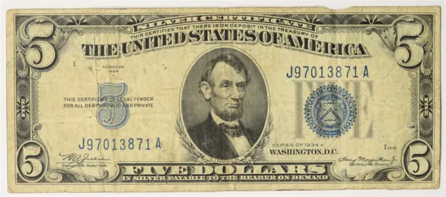 FR. 1651 1934A $5 Silver Certificate Blue Seal Small Size Note
