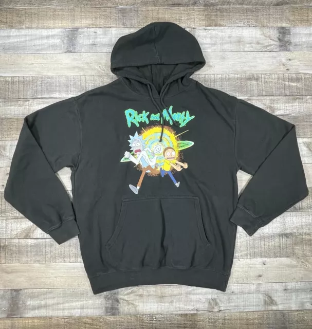 Rick And Morty Sweater Mens Large Black Hooded Adult Swim Pullover Sweatshirt