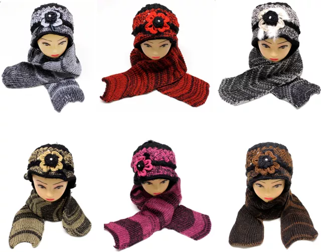 Lady Womens Winter Knit Scarf & Hat Beanie Singel Flower Set Warm Scarves New