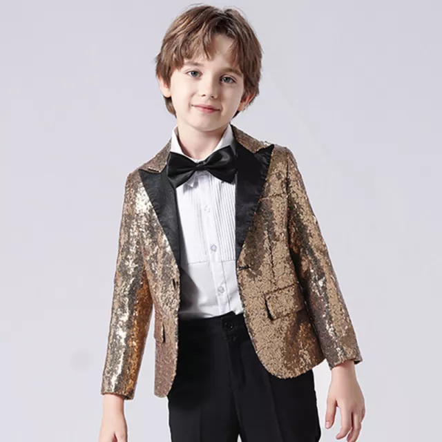 Boys Kids Suits Jacket Blazer Sequin Coat Piano Show Presenter Fancy Dress Cute