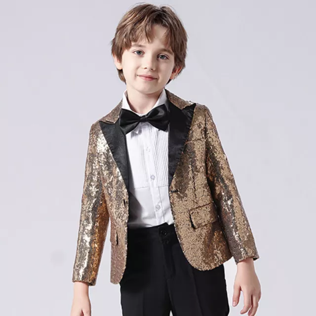 Garçons Enfants Sequin Costumes Vestes Blazer Piano Show Présentateur Fancy Robe 3