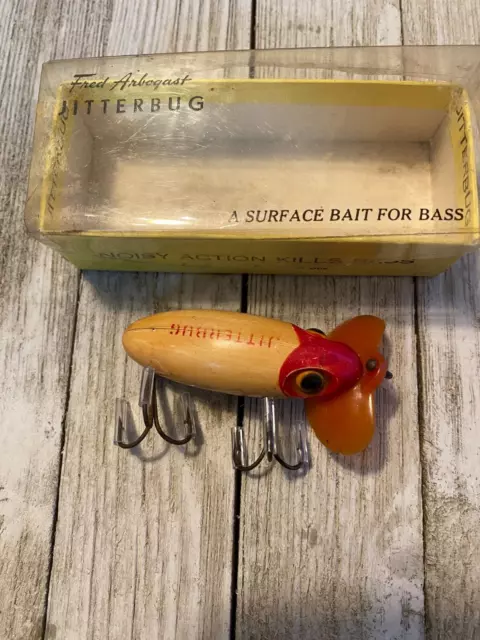 VINTAGE 1940'S FRED ARBOGAST PLASTIC LIP JITTERBUG FISHING LURE with BOX