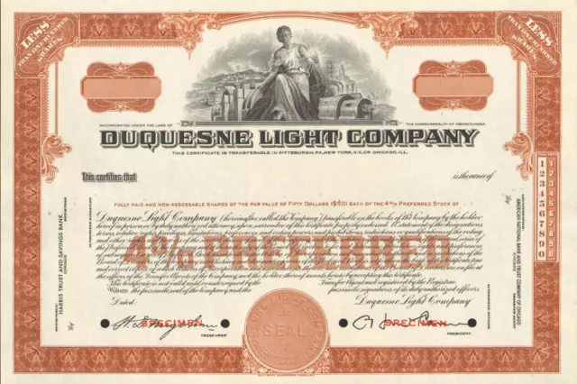 Duquesne Light Company Pennsylvania utility company brown stock certificate