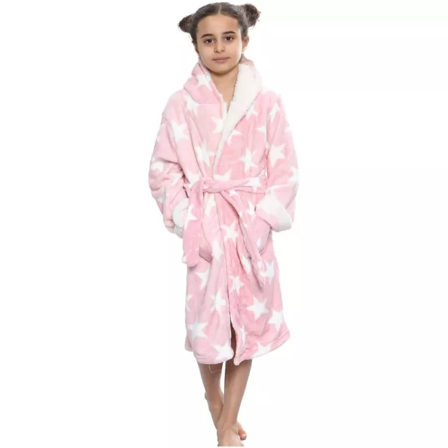 Girls Fleece Luxury Sherpa Hooded Dressing Gown Pink Super Soft Robe