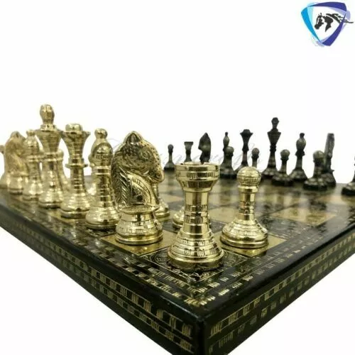 14" Brass Metal Chess Pieces Set & Board SOVIET Golden & Black with Storage box