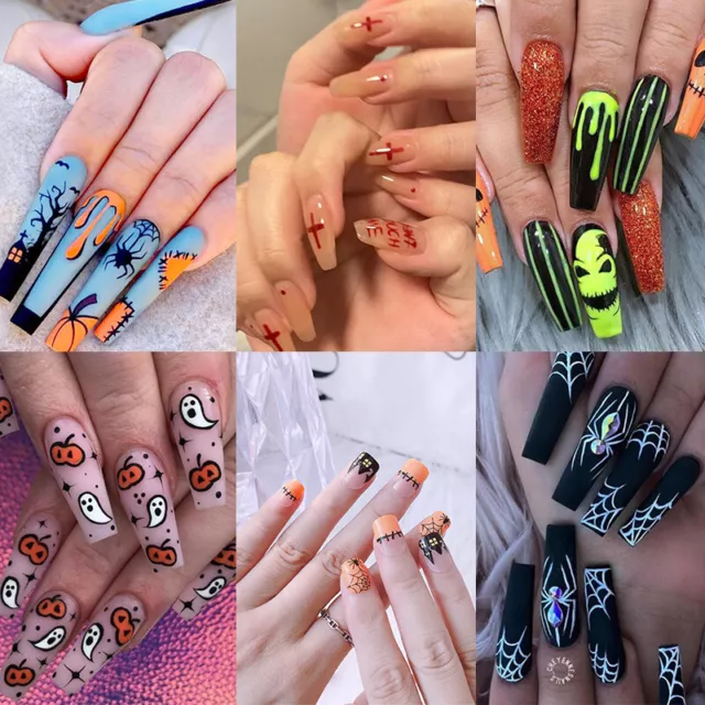 24Pcs Lang Sarg Falsche Nägel Halloween Design Presse Auf Volle Abdeckung Tipps~ 3