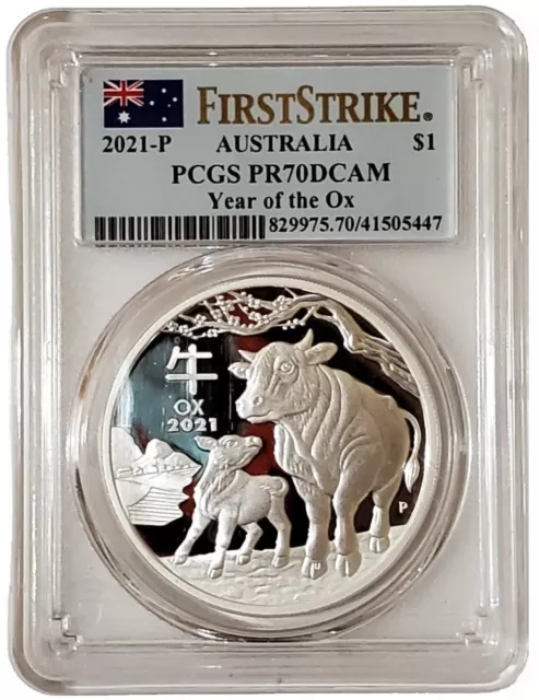 2021-P 1 Oz Silver $1 Australia Lunar YEAR OF OX PCGS PR70DCAM FS Proof Coin.