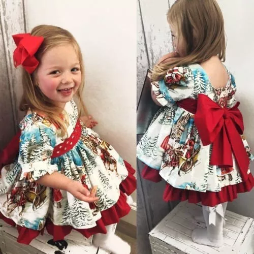 Christmas Toddler Kids Baby Girl Xmas Flared Party Santa Swing Dress Clothes AU