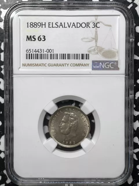 1889-H El Salvador 3 Centavos NGC MS63 Lot#G4659 Choice UNC!