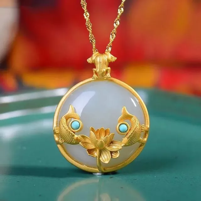 Chinese Style White Jade Pendant Female Antique Lotus Fish Pendant Retro Jewelry