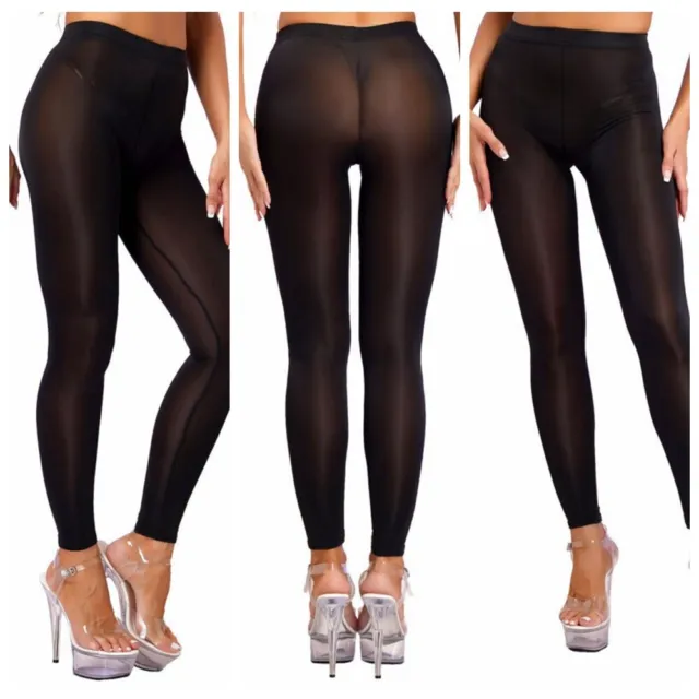Women Sheer Shiny Leggings Transparent See-Through Nylon Pants Trousers  Clubwear