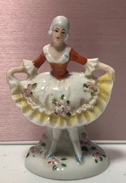 Vintage Miniature Ceramic Lady-Flowered Dress~Stamped Foreign~Lovely Condition