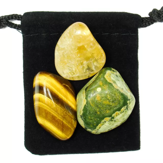 3rd SOLAR PLEXUS CHAKRA Tumbled Crystal Healing Set = 3 Stones + Pouch + Card