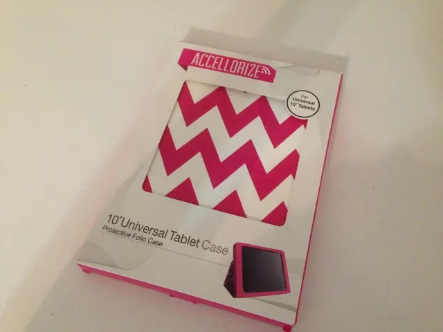 Accellorize 10" Universal Tablet Protective Folio Case Pink/White Stripes NEW!!!