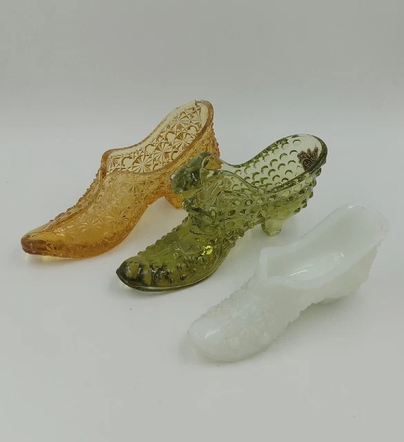 Lot of 3 Vintage Fenton Amber,green & milk Glass Slipper Shoe Figurine's